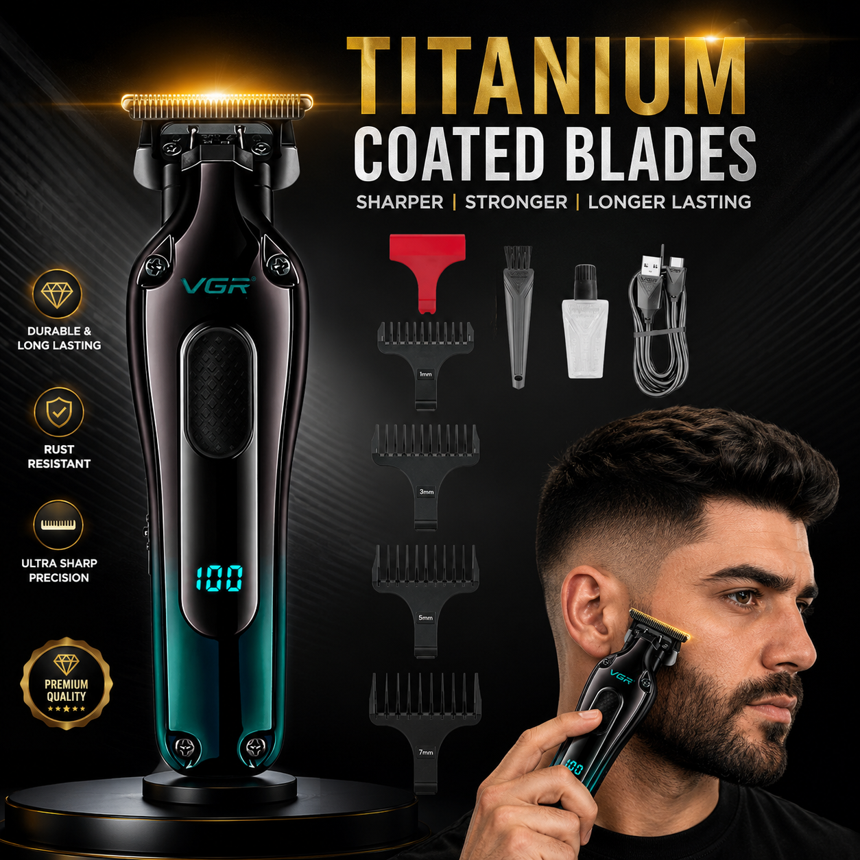 Professional Cord/Cordless Hair Trimmer - Titanium-Coated Stainless Steel Blades