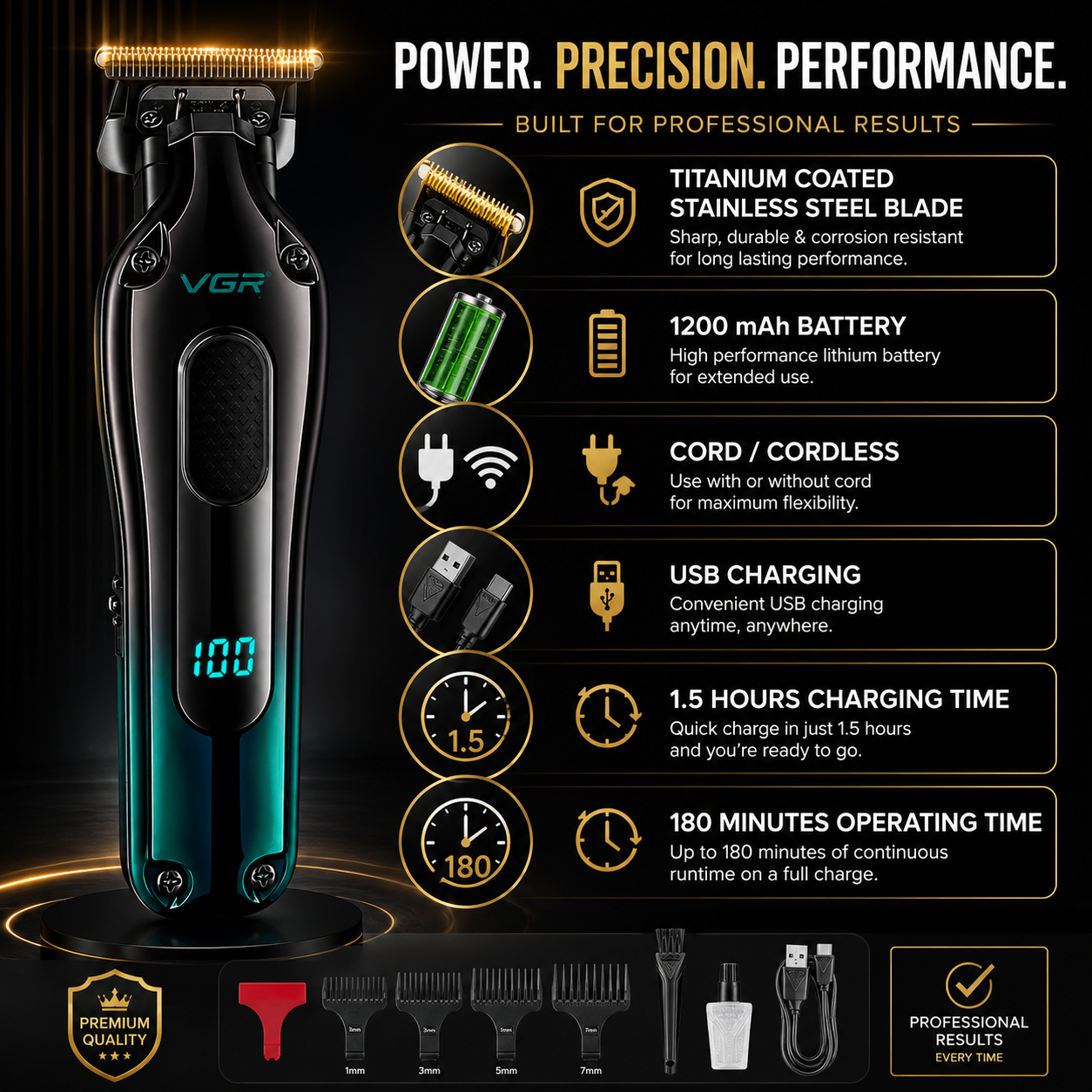 Professional Cord/Cordless Hair Trimmer - Titanium-Coated Stainless Steel Blades